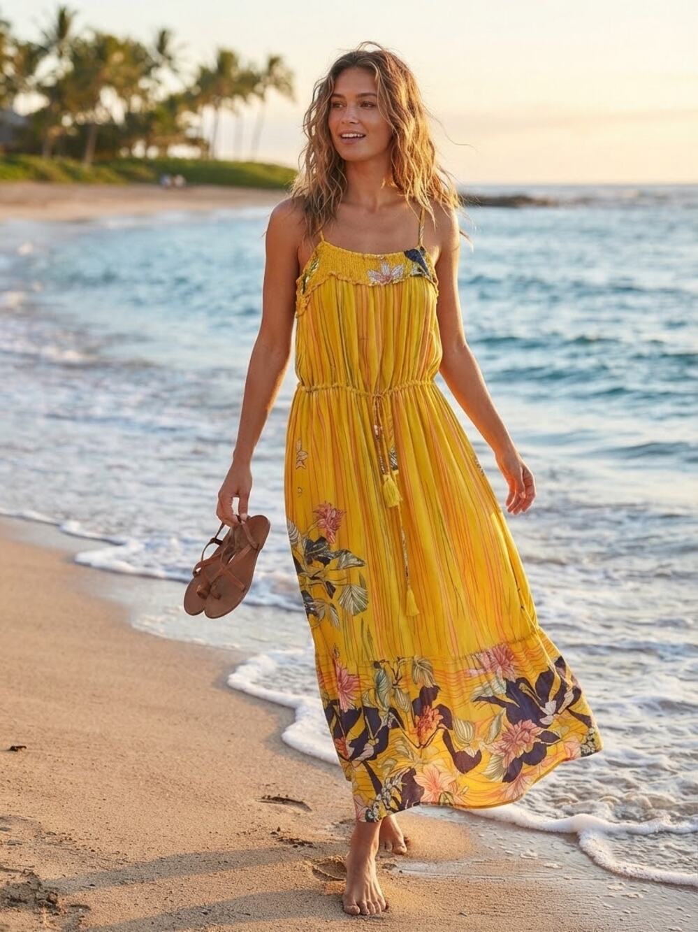 GiGio USA Womens Medium Yellow Tropical FloralPrint Smocked Maxi Sundress Tassel